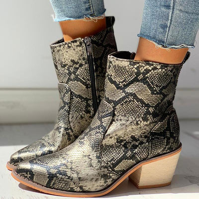 Pointed Toe Snakeskin Zipper Design Chunky Heeled PU Boots - Cherrybetty