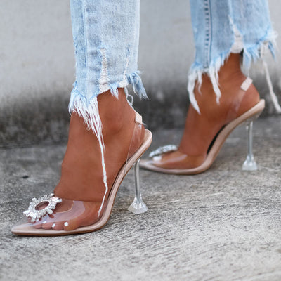 Studded Pointed Toe Transparent Thin Heels