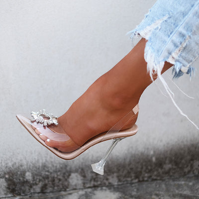 Studded Pointed Toe Transparent Thin Heels