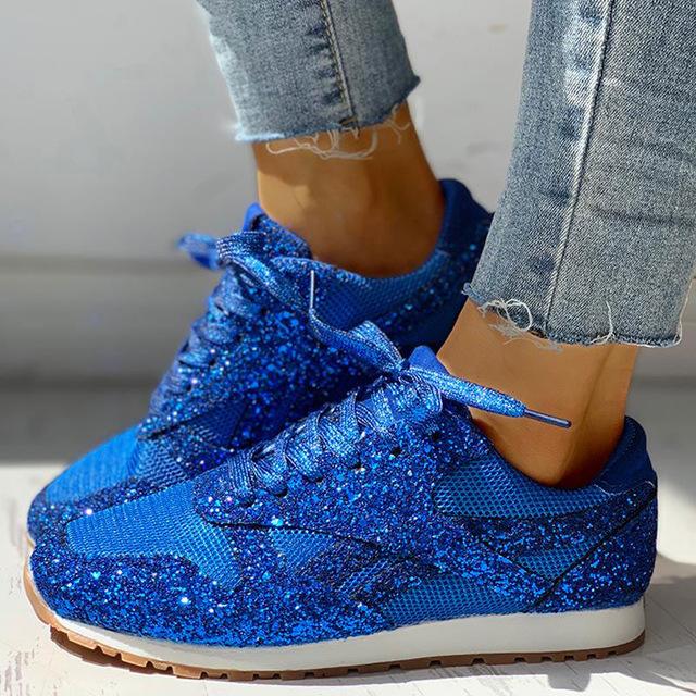 Glitter Casual Bling Mesh Lace Up Sneakers - Cherrybetty