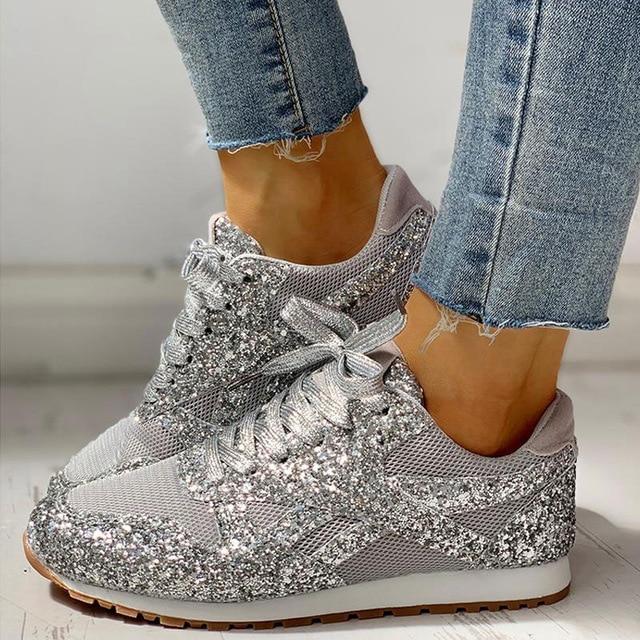 Glitter Casual Bling Mesh Lace Up Sneakers - Cherrybetty